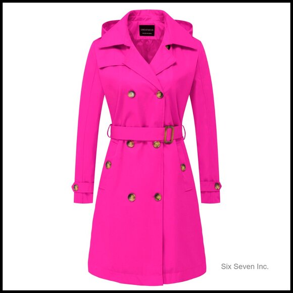 Long Trench Coat Double-Breasted Slim Fit Classic Elegant Detachable Hood